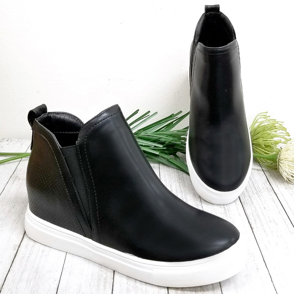 New Black Wedge High Top Platform Sneakers Booties - Picture 1 of 3